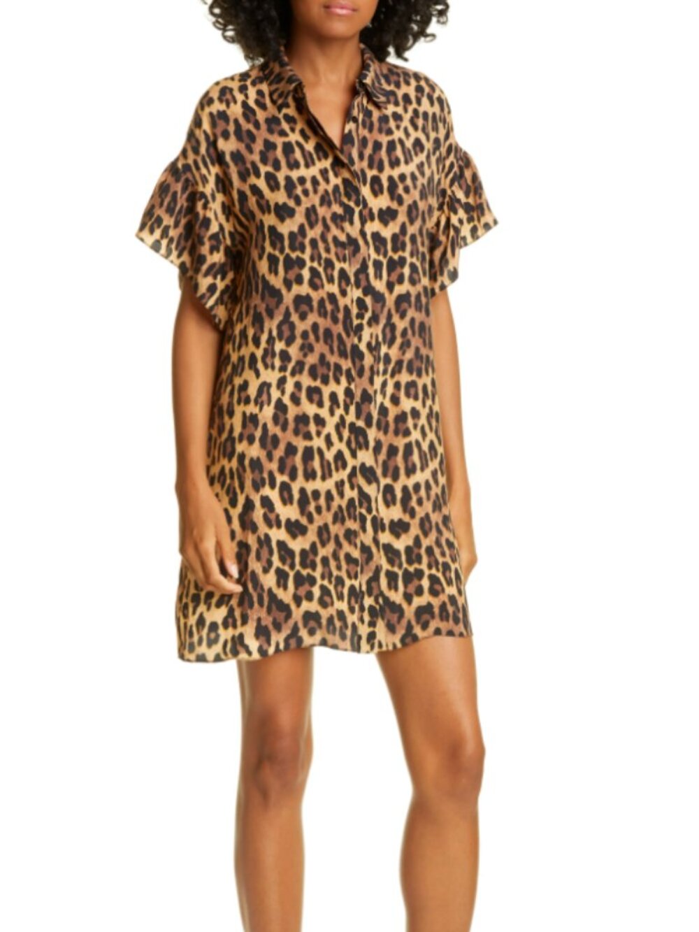 Alice+Olivia Jude Leopard Ruffle Sleeve Mini Shirtdress size L